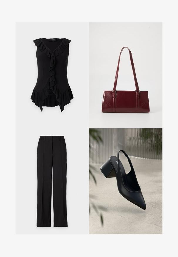 Zwarte mouwloze aansluitende blouse met V-hals, geplooide rand langs de halslijn, voorkant en zoom, met label "Anna Field" binnenin de kraag.; Zwarte broeken met een recht design, voorzien van twee plooien aan de voorkant, een tailleband en zonder zichtbare zakken of versieringen.; Zwarte leren slingback hak met een spitse neus en een blokhak. Glad oppervlak, minimalistisch ontwerp en verstelbare enkelband.; Bourgondische handtas van glanzend materiaal, rechthoekige vorm, met twee schouderbanden en subtiele gebogen accenten aan de voorkant.