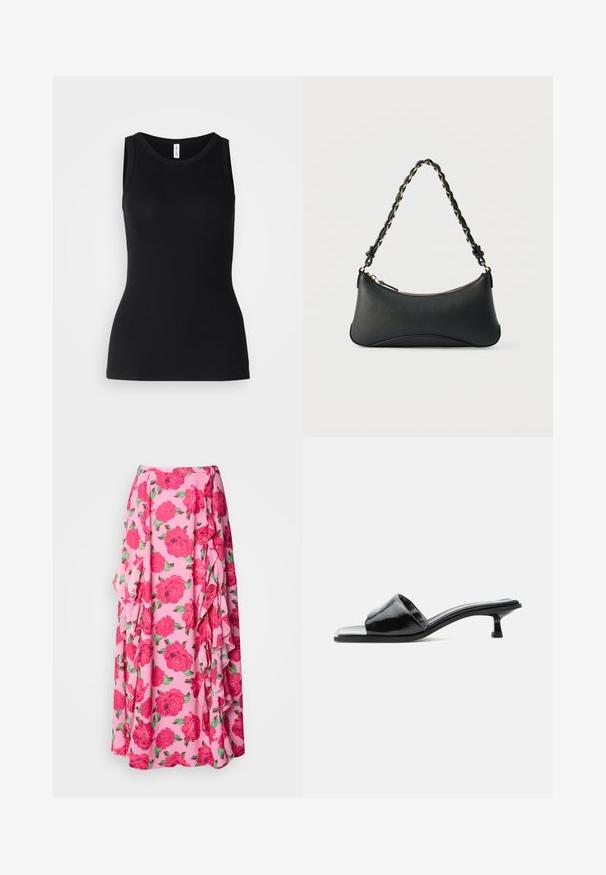 Sort ærmeløs tanktop lavet af ribbet stof, med rund halsudskæring og tætsiddende design, med en glat overflade og uden mønstre.; Blomster-maxi nederdel i lyserødt stof med store, levende røde roser og grønne blade. Har flæser langs siden for ekstra tekstur.; Sort laklæder mule med åben tå, lav kittenhæl og bred rem over tæerne, vist i sideprofil mod en ensfarvet baggrund.; Sort skuldertaske i læder med en buet rektangulær form, gyldent kæde vævet ind i en flettet sort rem og toplynlås.