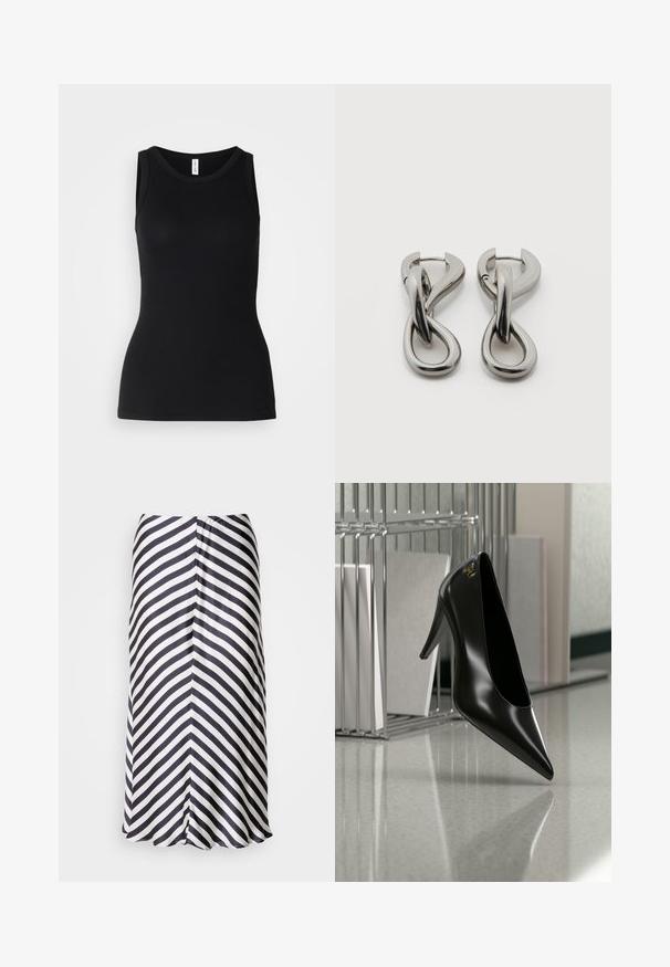 Sort ærmeløs tanktop lavet af ribbet stof, med rund halsudskæring og tætsiddende design, med en glat overflade og uden mønstre.; Knælang nederdel med et diagonalt sort-hvidt stribet mønster, lavet af letvægtsstof med en blød tekstur og en flagrende kant.; Sort højhælet sko med spids tå og guldlogo, placeret på en reflekterende overflade nær en krom trådfilholder med dokumenter.; Par af sølvtonede metale øreringe med abstrakt sammenflettet løbedesign på hvid baggrund.