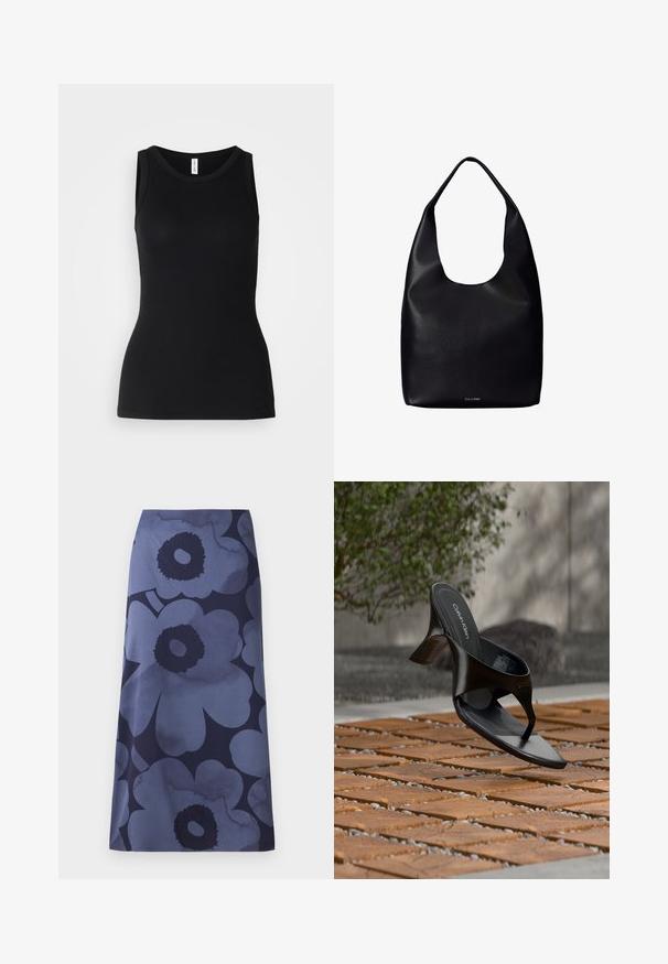 Zwarte mouwloze tanktop van ribbelstof, met een ronde halslijn en een nauwsluitend ontwerp, met een gladde textuur en zonder patronen.; Midi-jurk met bloemenprint met grote donkerblauwe bloemen op een lichterblauwe achtergrond; de stof lijkt glad met een licht glanzende textuur.; Zwarte Calvin Klein hoge hak teenslipper die zweeft boven een betegeld buitenterrein met groen en een betonnen muur op de achtergrond.; Zwarte leren totebag met een enkele brede schouderriem en een subtiel Calvin Klein-logo onderaan het midden.