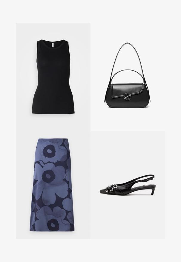 Top sin mangas negro hecho de tela acanalada, con un escote redondo y un diseño ajustado, con una textura suave y sin patrones.; Falda midi con estampado floral que presenta grandes flores azul oscuro sobre un fondo azul más claro; la tela parece suave con una textura ligeramente brillante.; Zapato slingback de cuero negro con punta puntiaguda, tres hebillas plateadas en la parte delantera y tacón bajo tipo «kitten» sobre fondo blanco.; Bolso de hombro de cuero negro con una solapa curva asegurada por un broche metálico redondo y una correa delgada y ajustable.