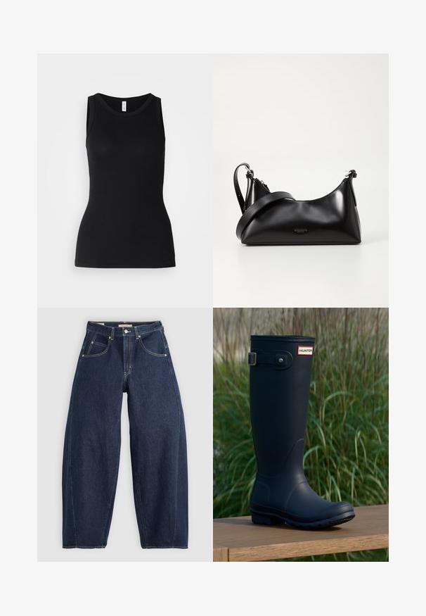 Sort ærmeløs tanktop lavet af ribbet stof, med rund halsudskæring og tætsiddende design, med en glat overflade og uden mønstre.; Mørkeblå denim jeans med løs pasform, lyse syninger, fem lommer og en knaplukning ved taljen.; Marine gummistøvle med rund tå, tekstureret overflade, justerbar spænde detaljer og Hunter-logo nær toppen. Stabilt sål med mønster.; Sort læderhåndtaske med en glat tekstur. Har en justerbar stropp og et enkelt, minimalistisk design med lynlås.