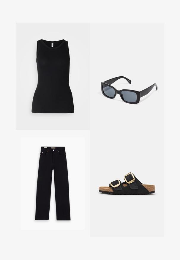 Sort ærmeløs tanktop lavet af ribbet stof, med rund halsudskæring og tætsiddende design, med en glat overflade og uden mønstre.; Sorte denim jeans med lige pasform, fem lommer, kobberdetaljer og en glat tekstur. To mærker synlige på taljebåndet.; Sorte ruskind slide sandaler med to brede stropper, hver med en stor guldspænde og en naturlig kork sål med en tekstureret gummisål.; Sorte rektangulære solbriller med mørkt tonede linser, tyk plastramme og brede stænger. Glat overflade og kantet design.