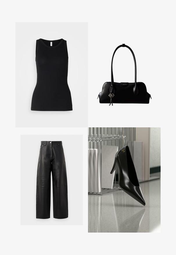 Débardeur noir sans manches en tissu côtelé, avec un col rond et une coupe ajustée, à la texture douce et sans motifs.; Pantalons larges en cuir noir avec taille haute, poches avant et détails de couture subtils. La texture lisse met en valeur le design.; Chaussure noire à talon haut avec bout pointu et logo doré, posée sur une surface réfléchissante près d'un organiseur de dossiers en fil chromé contenant des documents.; Sac à main en cuir noir Calvin Klein avec de longues anses, une étiquette logo à l'avant et un charme géométrique argenté suspendu à une anse.