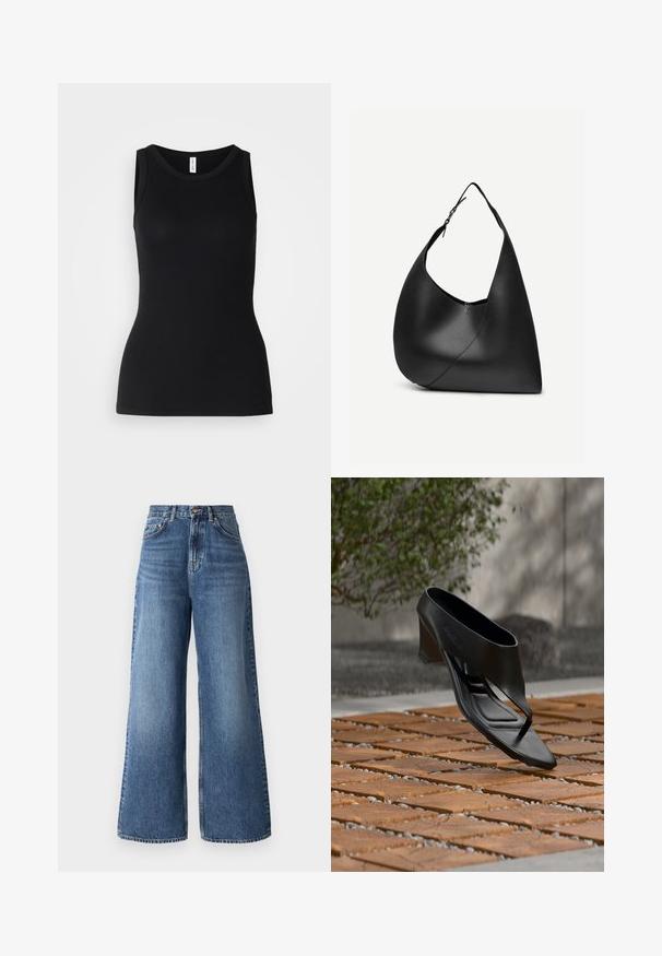 Schwarzes ärmelloses Tanktop aus geripptem Stoff, mit rundem Ausschnitt und figurbetontem Design, glatter Textur und ohne Muster.; Hochtaillierte, lässige Jeans aus hellblauem Denim mit einem klassischen Fünf-Taschen-Design und dezentem Verblassen entlang der Beine.; Schwarze High-Heeled Sandale mit Zehensteg, schwebend über einer gemusterten Holz- und Kiesaußenfläche mit verschwommenem Grün und Wand im Hintergrund.; Schwarze Leder-Schultertasche mit geschwungener dreieckiger Form, einem verstellbaren Einzelriemen und sichtbarer diagonaler Naht auf der Vorderseite.