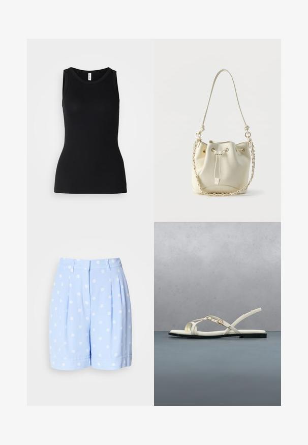Sort ærmeløs tanktop lavet af ribbet stof, med rund halsudskæring og tætsiddende design, med en glat overflade og uden mønstre.; Lyseblå shorts lavet af glat stof, prydet med hvide prikker, frontfolder og opsmøgede ærmer. Skræddersyet talje med bæltestropper.; Hvid flad sandal med stropper og ankelspænde, der svæver over trægulv udendørs nær grønt område og grå stenvæg.; Hvid læder bucket-taske med snørelukning, flettet kæde og læder skulderrem samt guldfarvede øjer.