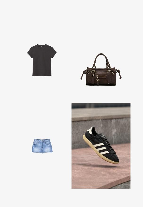 T-shirt en coton gris charbon, manches courtes, col rond avec un ourlet droit, posé à plat sur un fond blanc.; Jupe en denim bleu clair avec un ourlet effiloché, fermeture à boutons sur le devant et deux poches à l'avant. Les détails usés ajoutent de la texture.; Baskets Adidas noires avec des bandes blanches et une semelle beige, capturées en plein air au-dessus d'une surface en pierre et d'un mur en pierre en arrière-plan.; Sac à main en cuir marron foncé avec double poignée, poche avant zippée, boucles décoratives et nœuds latéraux sur fond blanc.