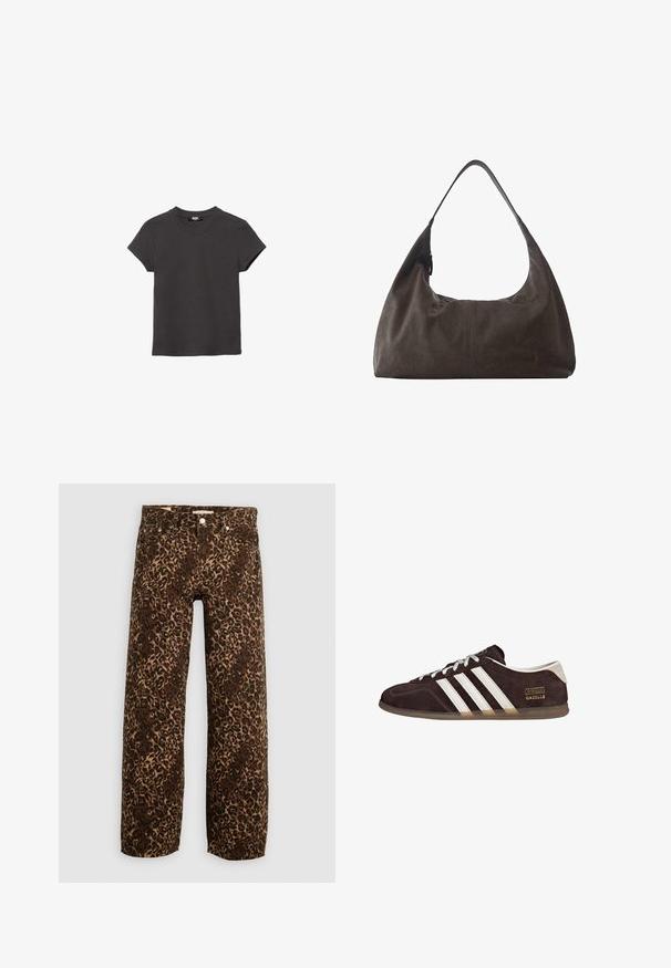 Kulsort, kortærmet, rundhalset bomulds-T-shirt med lige kant, lagt fladt på en hvid baggrund.; Bordeaux og tan leopardprint brede benjeans. Fremstillet af denim, med et klassisk fem-lomme design og metalhardwaredetaljer.; Brune ruskindssneakers med tre hvide striber, gummisål og tekstlabel med ordene "Gazelle" i guld. Snørebåndsdesign med grå snørebånd.; Blød mørkebrun læder hobo-taske med enkelt bred rem og subtil central sømdetalje mod hvid baggrund.