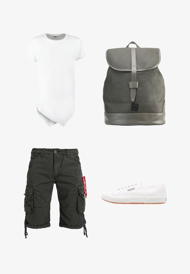 Kortærmet hvid t-shirt med rund halsudskæring og en asymmetrisk nederste kant, lavet af bomuldsblanding med en glat tekstur.; Mørkegrønne cargo-shorts lavet af slidstærkt stof, med flere sidelommer, en snor i kanten og en rød mærkeaccent.; Hvide kanvas sneakers med gummisål, snørebåndsdesign og et lille logo mærke på siden. Tekstureret hvid overdel og brun ydersål.; Urban Classics Rygsække - olive