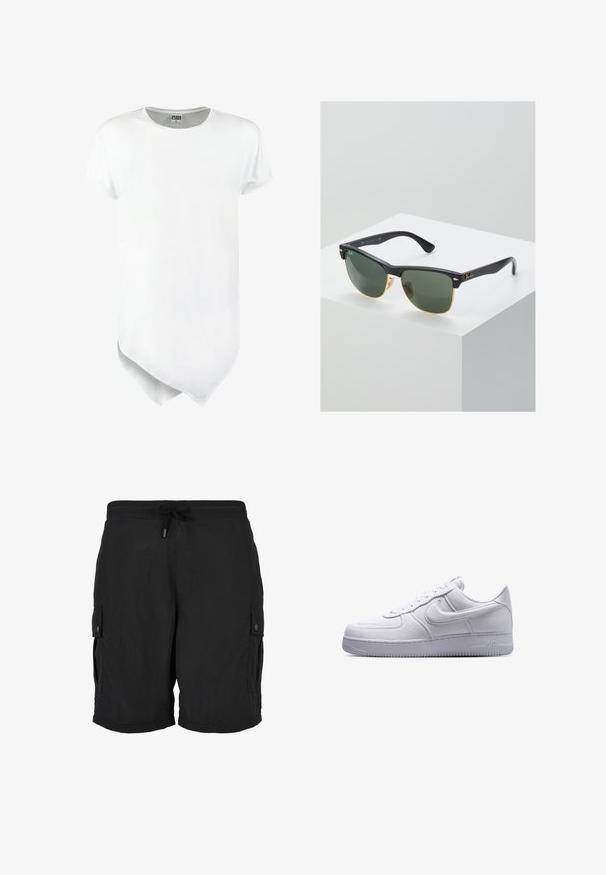 Kortærmet hvid t-shirt med rund halsudskæring og en asymmetrisk nederste kant, lavet af bomuldsblanding med en glat tekstur.; Sorte cargoshorts med elastisk talje, justerbar snøre og knaplukning på sidelommerne.; Hvid lavtop Nike Air Force 1 sneaker med snørelukning og tekstureret sål vist i sideprofil på hvid baggrund.; Ray-Ban solbriller med grønne linser, sorte plastikstel og gyldne detaljer ved kanterne. Firkantet form med mat finish.