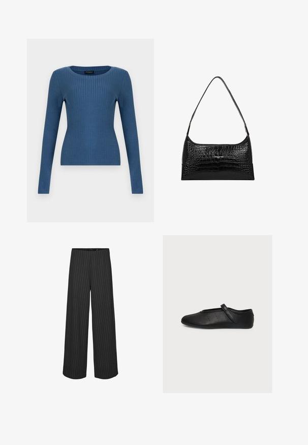 Haut ajusté à manches longues bleu côtelé avec un col rond sur un fond blanc uni.; Pantalons larges noirs à rayures verticales blanches, présentant une coupe ajustée et une texture lisse. Pas de poches ni de matériel visible.; Chaussure plate Mary Jane en cuir noir avec bride et petits détails perforés sur le côté, vue de l'extérieur sur fond blanc.; LANCASTER Sac à main - noir