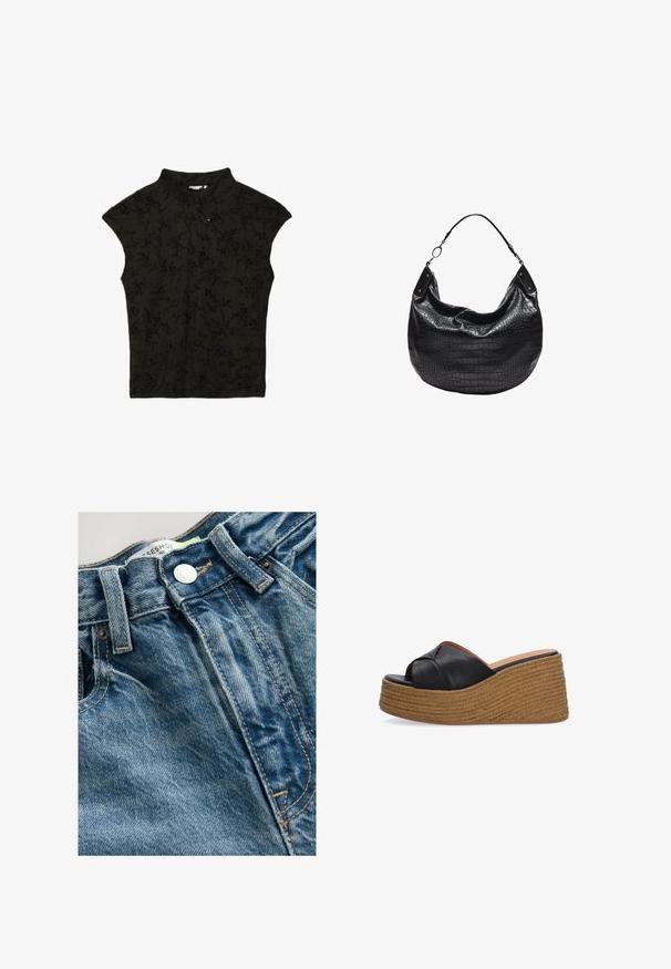 Sort ærmeløs bluse med mandarinkrave, diagonalt knappelukning og subtilt blomsterprint.; Denimjeans har en lys blå farve med whiskeringdetaljer. Linningen inkluderer en metalknap og synlige sømme langs sømmene.; Sort læder open-toe slide sandal med tyk tan flettet kilehæl.; Sort læder hobo-taske med krokodille-præget tekstur, enkelt skulderrem med metalringe og afslappet rund form.