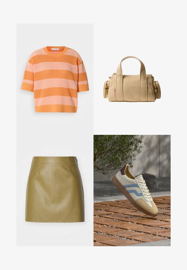 Gehaakte gestreepte trui met korte mouwen; heeft afwisselend oranje en lichtroze horizontale strepen, ronde halslijn en een losse pasvorm.; Olijfgroene leren miniskirt met een gladde textuur, voorzien van twee voornaadstomen en een rechte snit, afgewerkt met minimalistische stikseldetails.; Witte sneakers met blauw- en crèmekleurige strepen, een beige suède neus, een bordeauxrode hiel en een gezwart rubberen zool. Inclusief glanzende veters en logodetail.; Beige Calvin Klein canvas handtas met twee korte handvatten, hoofdvak met rits en twee kleine zijritsvakken met ritsen in goudkleur.