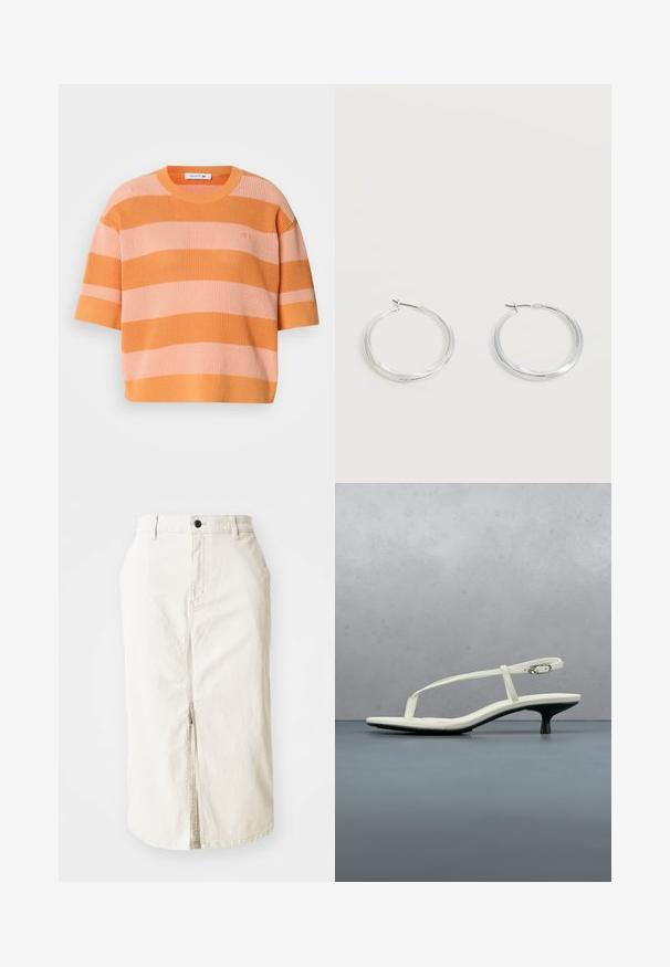 Suéter de punto a rayas con mangas cortas; presenta rayas horizontales alternas de color naranja y rosa claro, escote redondo y corte holgado.; Falda midi de algodón beige con abertura delantera, cierre con botón superior y sin bolsillos visibles. Cintura plana y textura suave.; Sandalia blanca de tacón kitten con tiras y punta afilada, flotando sobre un suelo de baldosas de madera al aire libre, con un fondo desenfocado de plantas y pared.; Pendientes de aro de metal plateado con superficie lisa y ligeramente curvada y cierre de tipo mosquetón sobre un fondo blanco liso.