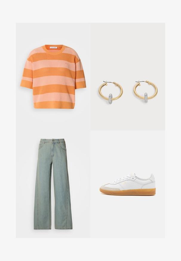 Strikket stribet sweater med korte ærmer; har skiftende orange og lyserøde vandrette striber, rund halsudskæring og løs pasform.; Lyseblå bredbuks jeans lavet af denim, med knap- og lynlås-lukning, fem lommer og kontrasterende syninger.; Hvide lædersneakers med beige ruskindsdetaljer, gummisål og snøredesign. Har diskret branding i guld.; Par guldtonede hoop øreringe med lille sølvfarvet loop-detalje på hver, vist mod lysegrå baggrund.