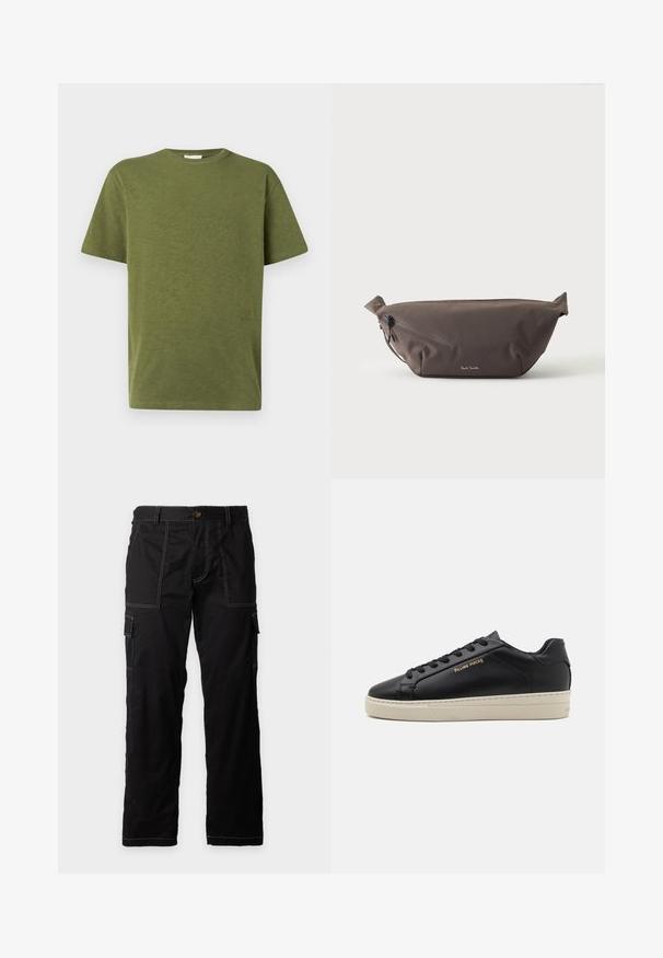 T-shirt en coton vert olive avec une coupe décontractée, un col rond et des manches courtes. Présente un détail de texte subtil sur le côté gauche à l'avant.; Pantalon cargo noir avec surpiqûres blanches contrastantes, bouton et fermeture éclair à l’avant, passants de ceinture et poches latérales à rabat sur les deux jambes.; Sneaker en cuir noir avec une finition lisse, semelle crème contrastante, bout arrondi, logo doré sur le côté et six œillets pour les lacets.; Sac banane en tissu marron foncé avec poche zippée en diagonale et petit logo blanc sur le devant, sur un fond clair uni.
