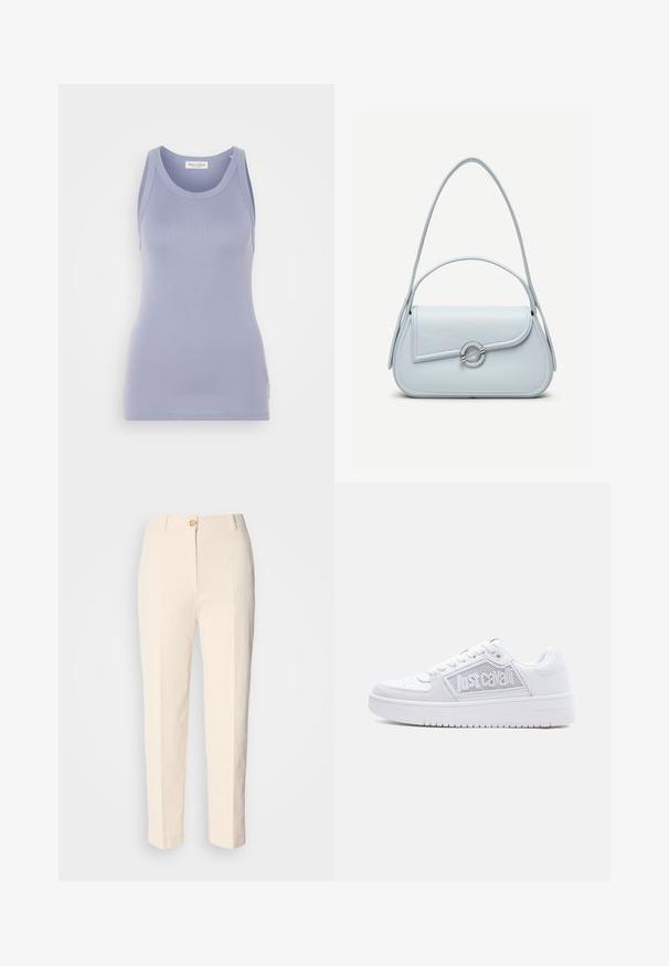 Lys lilla tanktop med en tætsiddende pasform, lavet af et glat strikstof. Har en rund halsudskæring og brede stropper, minimal branding.; Cremefarvede, højtaljede bukser lavet af tekstureret stof. Har en lukning med knap foran og tætsiddende ben.; Hvid lav sko med perforeret tå, snørelukning, tekstureret panel og "Just Cavalli"-mærkning på siden.; Lyseblå lædertaske med rundet flap, sølvfarvet cirkulært lås og to skulderstropper mod en ensfarvet baggrund.