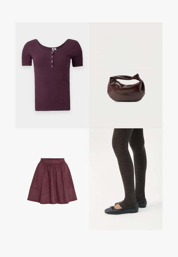 Kurzärmliges, geripptes Henley-Shirt in Pflaumenlila mit einem Rundhalsausschnitt und vier silbernen Druckknöpfen an der Frontleiste.; Bordauxfarbene Wildlederrock mit ausgestellter Form, elastischem Bund und zwei Seitentaschen. Er zeichnet sich durch eine weiche Textur und ein minimalistisches Design aus.; Beine in dunklen, gerippten Leggings kombiniert mit schwarzen Ballerinas mit kleinen Schleifendetails auf weißem Hintergrund.; Dunkelbraune Lederschultertasche mit weicher, lockerer Form und einem gedrehten Knotengriff vor schlichtem weißem Hintergrund.