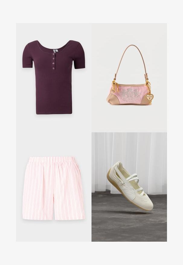 T-shirt à manches courtes en maille de couleur prune avec un col en scoop et quatre boutons-pression argentés sur la patte de boutonnage avant.; Shorts en coton léger avec un motif rayé vertical rose et blanc, dotés d'une taille élastique pour le confort et la facilité d'enfilage.; Chaussure de style Mary Jane couleur crème avec trois brides, côtés texturés et semelle flexible marron clair, flottant au-dessus d'un sol gris.; Petit sac à main Juicy Couture rose et beige avec une anse fine, un porte-clés doré en forme de cœur, et un logo brodé sur le devant.