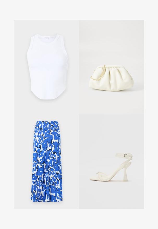 Good American MICRO TANK - Top - white; Lang skørt med et blå- og hvidt abstrakt mønster, letvægtsstof, bredt taljebånd og en lige silhuet med sideåbninger.; Sandal med høj hæl i hvid læder med et elegant design, en transparent blokhæl og et dekorativt element ved tåen.; Hvid læderhåndtaske med en samlede design, forsynet med en guldkæde-strop og en rund form. Glat tekstur med bløde folder og ingen mønstre.