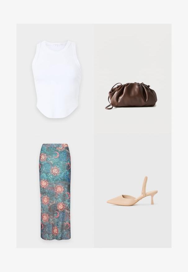Good American MICRO TANK - Top - white; Langer, taillierter Rock mit einem mehrfarbigen Druck von Sonnen, Monden und kunstvollen Mustern auf einem strukturierten türkisfarbenen Hintergrund.; Beige Slingback-Schuhe mit spitz zulaufender Zehenpartie und niedrigem, quadratischem Absatz. Glattes synthetisches Material, offene Seiten und minimalistische Designdetails.; Weiche braune Lederbeuteltasche mit gerafftem oberen Teil und schmalem Riemen, auf weißem Hintergrund liegend.