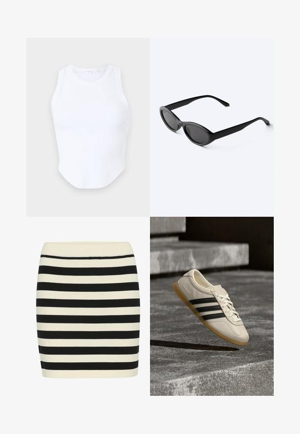 Good American MICRO TANK - Top - white; Falda de punto a rayas en negro y crema, con forma ajustada y una cintura acanalada. Las rayas horizontales alternan en ancho para crear una textura visual.; Zapatilla blanca con rayas negras y suela de goma suspendida sobre escaleras de hormigón en luz diurna suave.; Gafas de sol ovaladas negras y elegantes con lentes oscuras y patillas rectas, reposando sobre una superficie blanca.