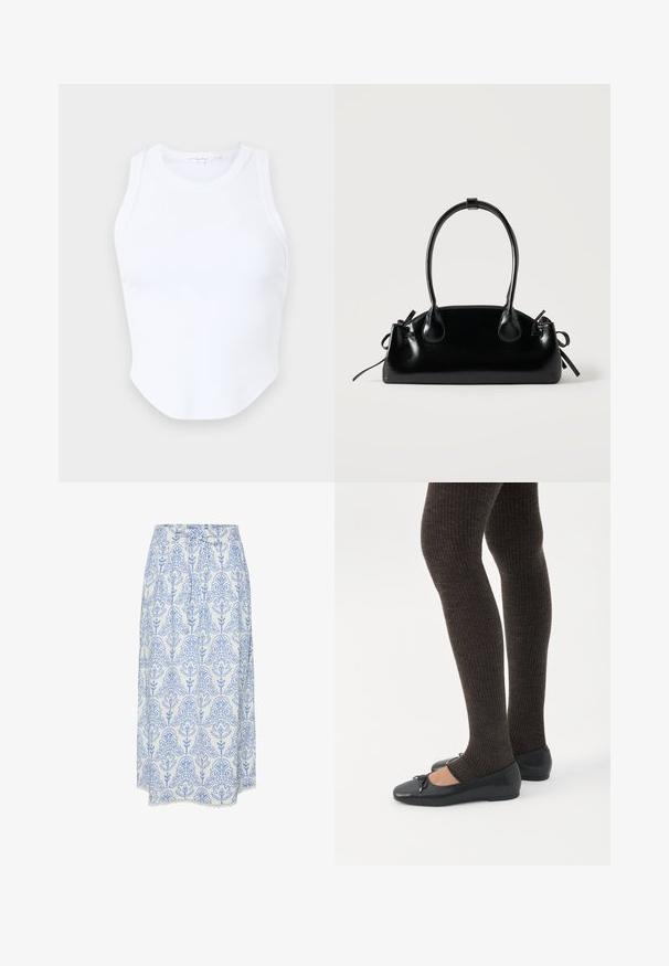 Good American MICRO TANK - Top - white; Falda blanca con patrón floral azul, con pliegues y un borde de encaje en el dobladillo. Fabricada con tela ligera, con una cintura ajustable.; Piernas con leggings oscuros acanalados combinados con bailarinas negras que presentan pequeños detalles de lazo sobre un fondo blanco.; Pequeño bolso negro brillante con dos asas largas y detalles de cordón lateral sobre un fondo claro liso.