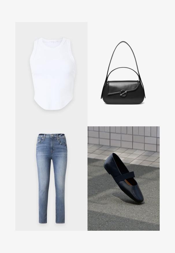Good American MICRO TANK - Top - white; Lichtblauwe hoge taille jeans met een slim fit, voorzien van vijf zakken en een rits, gemaakt van denim met een gladde textuur.; Zwarte leren platte schoen met een ronde neus, voorzien van een zachte zwarte elastische band over de wreef. Gladde textuur en minimalistisch ontwerp.; Zwarte leren schoudertas met een gebogen klep die is bevestigd met een ronde metalen sluiting en een smalle, verstelbare band.