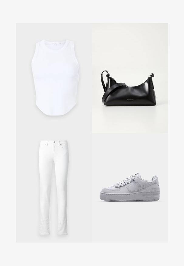 Good American MICRO TANK - Top - white; Weiße Denim-Jeans mit slim-fit, fünf Taschen, Reißverschluss und dezenten Nahtdetails. Glatte Textur; keine sichtbaren Muster.; Graue Nike Air Force 1 Sneaker mit perforierter Zehenpartie, Obermaterial aus glattem Leder, dicker Sohle und geprägtem 'AIR'-Detail an der Ferse.; Schwarze lederne Handtasche mit glatter Textur. Verfügt über einen verstellbaren Riemen und ein elegantes, minimalistisches Design mit einem Reißverschluss.