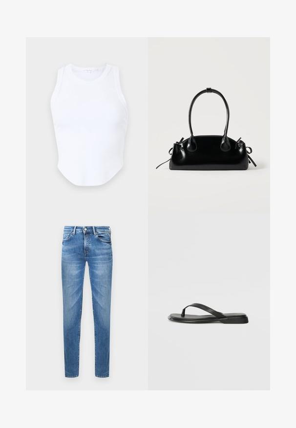 Good American MICRO TANK - Top - white; Svetlomodré džínsy s úzkym strihom. Medzi ich vlastnosti patrí zapínanie na gombík, päť vreciek a efekt ošúchania na stehnách.; Čierne šľapky vyrobené z hladkej kože, s tenkým pásikom a plochou podrážkou s minimalistickým profilom. Bez výrazných vzorov alebo akcentov.; Malá čierna lesklá kabelka s dvoma dlhými rúčkami a bočnými šnúrkovými detailmi na jednoduchom svetlom pozadí.