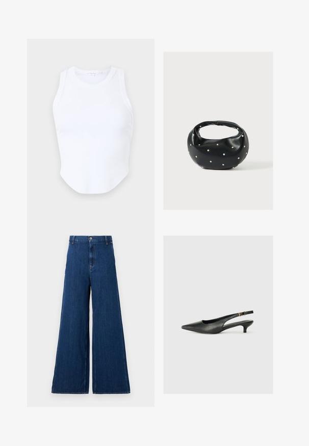 Good American MICRO TANK - Top - white; Replay PANTS - Straight leg jeans - dark blue; Zwarte puntschoen met slingback van soepel leer. Kenmerkt zich door een dunne hak en een gespdetail op de verstelbare band.; Zwarte leren handtas met een afgeronde vorm, versierd met zilveren studs, en een korte handgreep. Gladde textuur en ritsluiting.