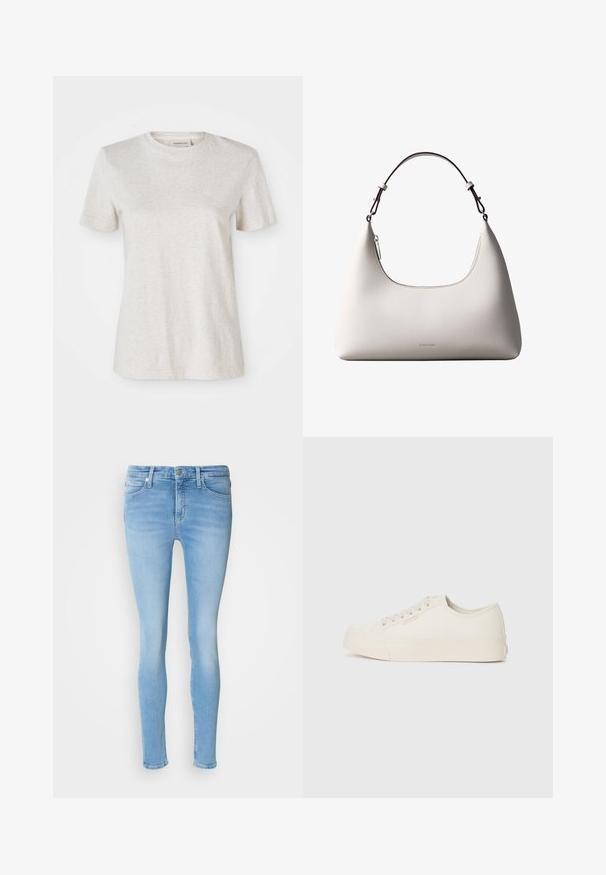 Camiseta de manga corta de color gris claro, fabricada en una suave mezcla de algodón, con un cuello redondo y un pequeño logo bordado en el pecho.; Jeans ajustados de color azul claro hechos de denim con una cintura de altura media, que cuentan con bolsillos frontales, trabillas para cinturón y una textura suave.; Zapatillas de lona color marfil, con un diseño de corte bajo, punta redonda y suela de goma plana con un sutil detalle de costura.; Bolso de hombro de cuero color crema de Calvin Klein con borde superior curvado, cremallera plateada y correa ajustable marrón oscuro.