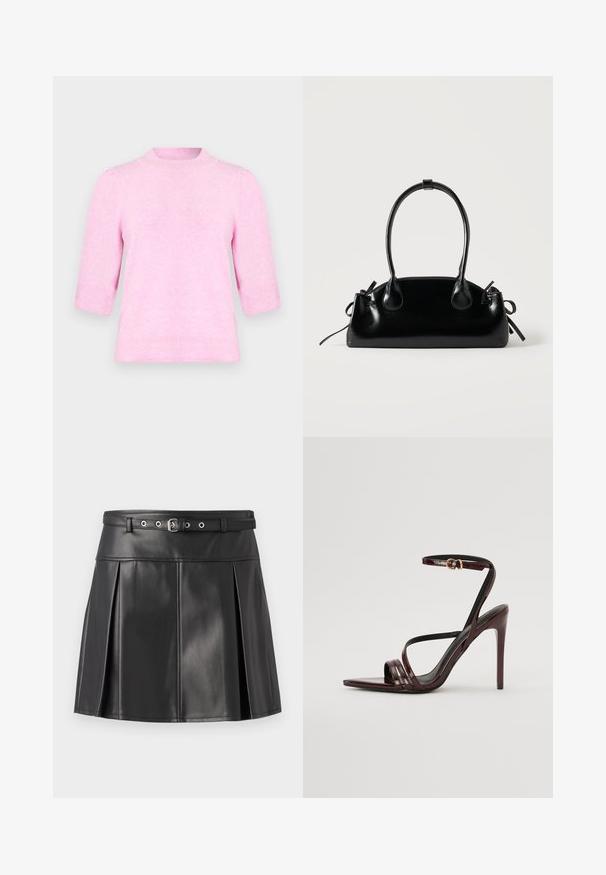 Pull en maille rose clair avec manches mi-longues, poignets côtelés et encolure ronde côtelée sur un fond uni.; Jupe plissée noire en simili cuir, dotée d'une taille ajustée avec une ceinture et des accents en métal argenté. Texture lisse.; Sandale à talons hauts en cuir verni bourgogne avec une bride de cheville, bout pointu et trois bandes horizontales sur le pied. Détail de boucle dorée.; Petit sac à main noir brillant avec deux longues anses et des détails à cordon sur les côtés sur un fond clair uni.