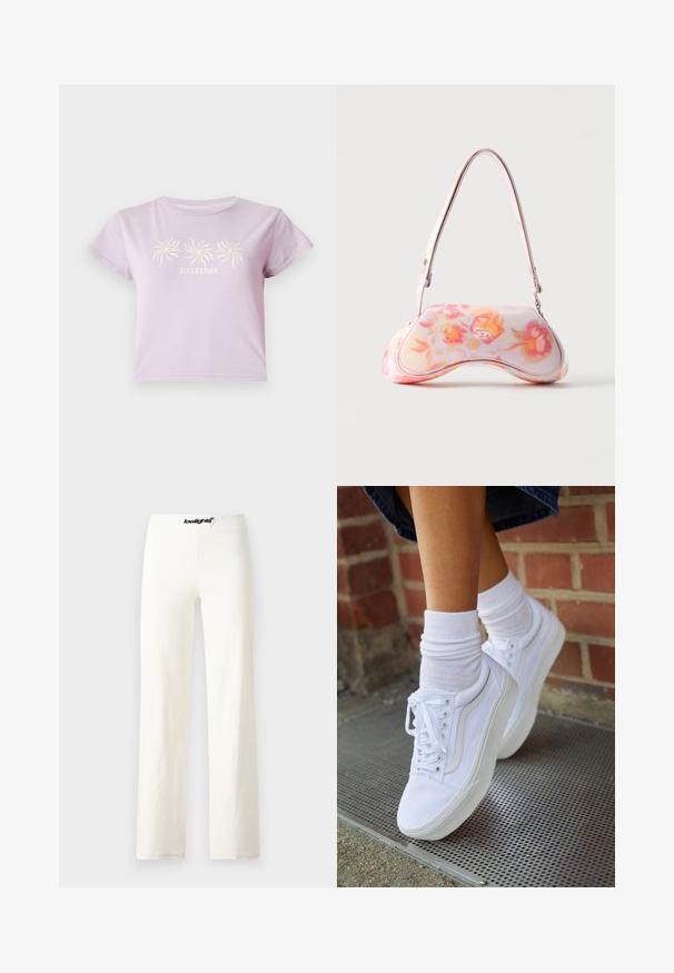 T-shirt en coton lilas à manches courtes, avec un graphisme de trois spirales au-dessus du texte "BILLABONG" dans une teinte plus claire.; Pantalons larges en coton blanc avec une texture lisse, présentant une taille avec un logo noir et un design simple et minimaliste.; Baskets en toile blanches avec semelles en caoutchouc, dotées de six œillets, d'un bout rond et de détails de couture légers, portées avec des chaussettes blanches mi-mollet.; Petit sac à main à la forme courbée présentant un motif floral rose et orange et une bandoulière unique sur fond uni.