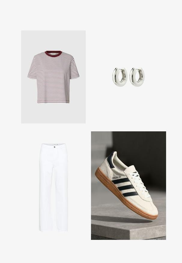 T-shirt blanc à manches courtes avec de fines rayures horizontales rouge foncé et un col rond uni rouge foncé.; Jeans blancs à jambes larges en denim. Présentent une fermeture à bouton et un design traditionnel à cinq poches. Texture lisse avec une finition soignée.; Baskets en daim blanc avec des bandes navy, semelle en caoutchouc gomme, tige texturée, bout rond et lacets ; arbore un logo sur le côté et sur la languette.; Boucles d'oreilles en argent avec un design lisse et arrondi et une finition brillante. Dotées d'une fermeture à charnière simple pour un enfilage facile.