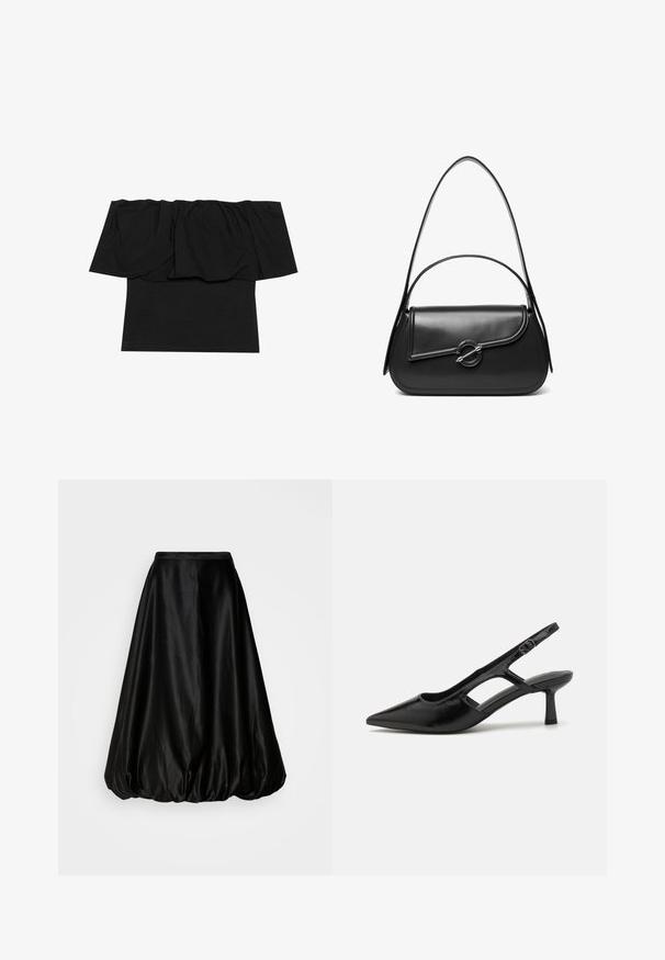 Zwarte off-shoulder top met geplooid materiaal bij de halslijn, een aansluitende pasvorm op het lichaam en korte mouwen. Zachte, soepele stof.; Zwarte satijnen midi rok met een volumineuze, ballonvorm. Gladde textuur en een aansluitende taille, ontworpen voor een vloeiende silhouet.; Zwarte slingback hakken met een spitse neus, gemaakt van glanzend materiaal, met uitsnijdingen en een gematigde hak voor ondersteuning.; Zwarte leren schoudertas met een gebogen klep die is bevestigd met een ronde metalen sluiting en een smalle, verstelbare band.