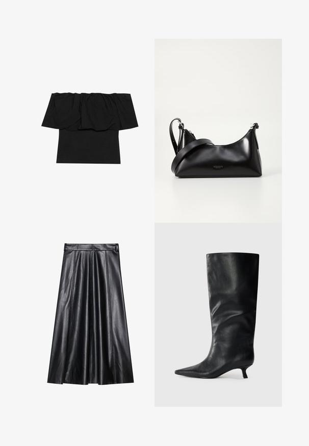 Zwarte off-shoulder top met geplooid materiaal bij de halslijn, een aansluitende pasvorm op het lichaam en korte mouwen. Zachte, soepele stof.; Zwarte leren A-lijn rok met plooien, met een gladde textuur, aansluitende tailleband en zichtbare stiksels. Geen extra accenten.; Zwarte leren kniehoogte laars met een spitse neus en lage kittenheel, weergegeven op een effen lichte achtergrond.; Zwarte leren handtas met een gladde textuur. Beschikt over een verstelbare schouderband en een strak, minimalistisch ontwerp met een ritssluiting.