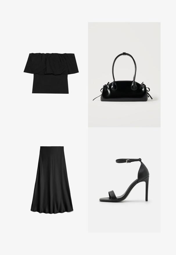 Zwarte off-shoulder top met geplooid materiaal bij de halslijn, een aansluitende pasvorm op het lichaam en korte mouwen. Zachte, soepele stof.; Zwarte satijnen A-lijn rok met een gladde textuur en vloeiende zoom, knielengte, weergegeven op een witte achtergrond.; Zwarte sandalen met hoge hakken, met een slank ontwerp, voorzien van een enkelbandje, open teen en een gladde leren textuur.; Kleine zwarte glanzende handtas met twee lange hengsels en zijkant trekkoord details op een effen lichte achtergrond.