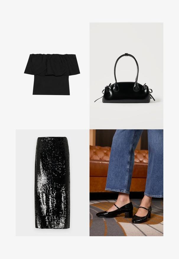 Top negro de tirantes caídos que presenta tela gathered en el escote, una textura ajustada en el cuerpo y mangas cortas. Material suave y liso.; Falda lápiz negra con lentejuelas, presenta una silueta elegante con una textura suave, reflejando la luz con acentos plateados y una cintura alta.; Zapatos de charol negros con punta afilada, tacón cuadrado y correa en el tobillo, llevados con jeans de pierna ancha, sobre una alfombra estampada.; Pequeño bolso negro brillante con dos asas largas y detalles de cordón lateral sobre un fondo claro liso.