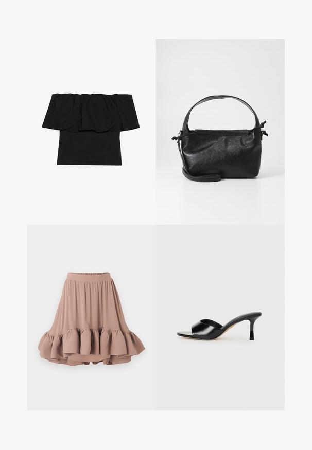 Sort off-shoulder top med foldet stof ved halsudskæringen, en tætsiddende tekstur ved kroppen og korte ærmer. Blødt, glat materiale.; Lys brun knælang nederdel lavet af blødt stof, med en bred talje og en flagrende, lagdelt volangkant. Glat tekstur hele vejen igennem.; Sorte læder højhælede mules med open-toe design og en bred, buet overdel. Glat tekstur og slank silhuet.; Sort læderhåndtaske med et struktureret design, rund tophåndtag og aftagelig skulderrem. Den har en glat tekstur og en subtil glans.