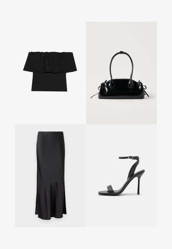 Sort off-shoulder top med foldet stof ved halsudskæringen, en tætsiddende tekstur ved kroppen og korte ærmer. Blødt, glat materiale.; Sort satin midi-skirt med et elegant design, der har en let flared kant og en sideslids for nem bevægelse. Glat tekstur.; Sort højhælet sandal med en slank ankelrem og to forreste bånd. Lavet af glat læder med en slank spids tå og stilettohæl.; Lille sort blank håndtaske med to lange håndtag og snøre-detaljer i siden på en ensfarvet lys baggrund.
