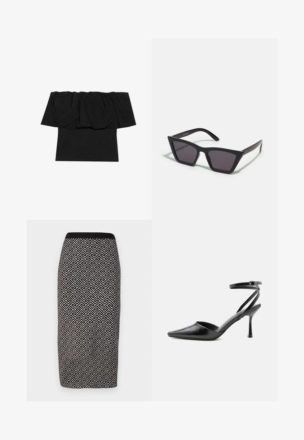 Sort off-shoulder top med foldet stof ved halsudskæringen, en tætsiddende tekstur ved kroppen og korte ærmer. Blødt, glat materiale.; Sorte og hvide mønstrede blyantskørt i struktureret stof, med en ribbet talje og geometrisk design over det hele.; Sort spids højhælet sko med tynde ankelremme og sølvspænde på en ensfarvet lys baggrund.; Sorte, kantede solbriller med grå linser; lavet af plast, med tykke stænger med en glat overflade og ingen synlig hardware.