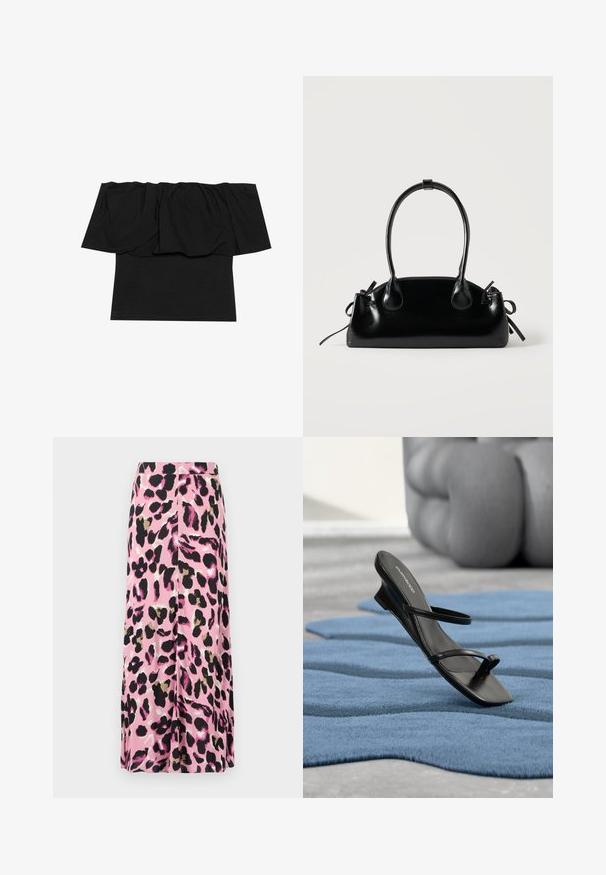 Zwarte off-shoulder top met geplooid materiaal bij de halslijn, een aansluitende pasvorm op het lichaam en korte mouwen. Zachte, soepele stof.; Roze rok met een dierenprint in zwart, goud en wit. Gladde stof met een vloeiend ontwerp. Halflange snit.; Zwarte sandalen met bandjes en teenlus, gepresenteerd op een blauw gestructureerd tapijt, met een groot grijs decoratief object wazig op de achtergrond.; Kleine zwarte glanzende handtas met twee lange hengsels en zijkant trekkoord details op een effen lichte achtergrond.