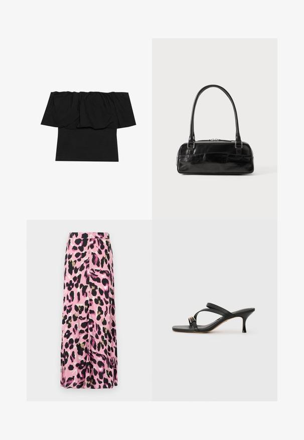 Zwarte off-shoulder top met geplooid materiaal bij de halslijn, een aansluitende pasvorm op het lichaam en korte mouwen. Zachte, soepele stof.; Roze rok met een dierenprint in zwart, goud en wit. Gladde stof met een vloeiend ontwerp. Halflange snit.; Zwarte haksandalen met een vierkante neus, twee kruissende banden, een gouden gespaccent en een slanke hoge hak. Gladde leren textuur.; Zwarte leren handtas met een rechthoekige vorm, voorzien van een enkele gestructureerde handgreep, zilveren hardware en ritsluiting. Gladde textuur.