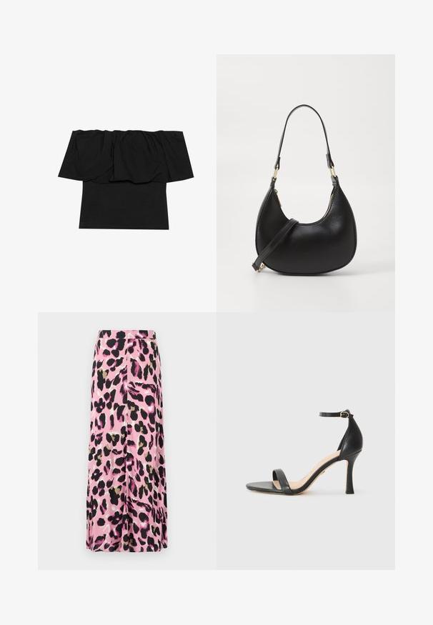 Schwarzes Off-Shoulder-Oberteil mit gerafftem Stoff am Ausschnitt, einer taillierten Passform am Körper und kurzen Ärmeln. Weiches, glattes Material.; Rosa Rock mit einem Tiermuster in Schwarz, Gold und Weiß. Glatter Stoff mit fließendem Design. Midilanger Schnitt.; Schwarze Leder-High-Heel-Sandale mit dünnem Knöchelriemen, offener Zehenpartie und einem eleganten, geschwungenen Absatz. Strukturiertes Sohlenprofil und minimalistisches Design.; Schwarze Lederhandtasche mit geschwungener Form, ausgestattet mit einem oberen Reißverschluss, einem kurzen Griff und einem abnehmbaren Schulterriemen. Goldene Hardware-Akzente.
