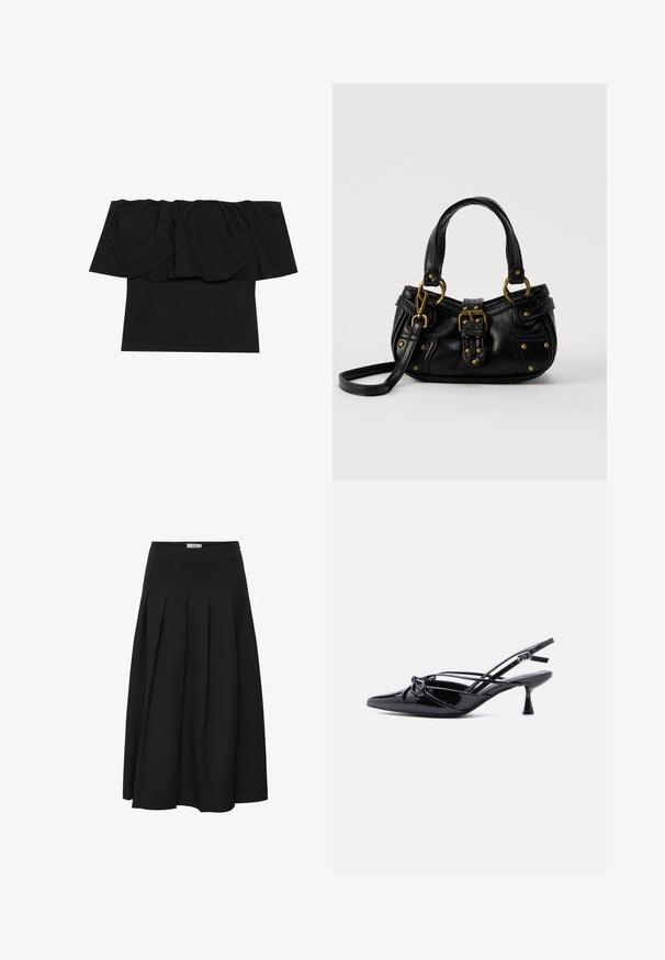 Haut noir dénudé des épaules avec un tissu froncé au niveau du col, une texture ajustée au corps et des manches courtes. Matériau doux et lisse.; Jupe midi plissée noire en tissu lisse. Elle présente une taille haute et une silhouette fluide avec des plissés soigneusement cousus.; Escarpin slingback en cuir verni noir, bout pointu, petit talon kitten et nœud décoratif noué à l'avant.; Sac à main en cuir noir avec boucle dorée et détails à rivets, poignées courtes et bandoulière réglable sur fond blanc uni.
