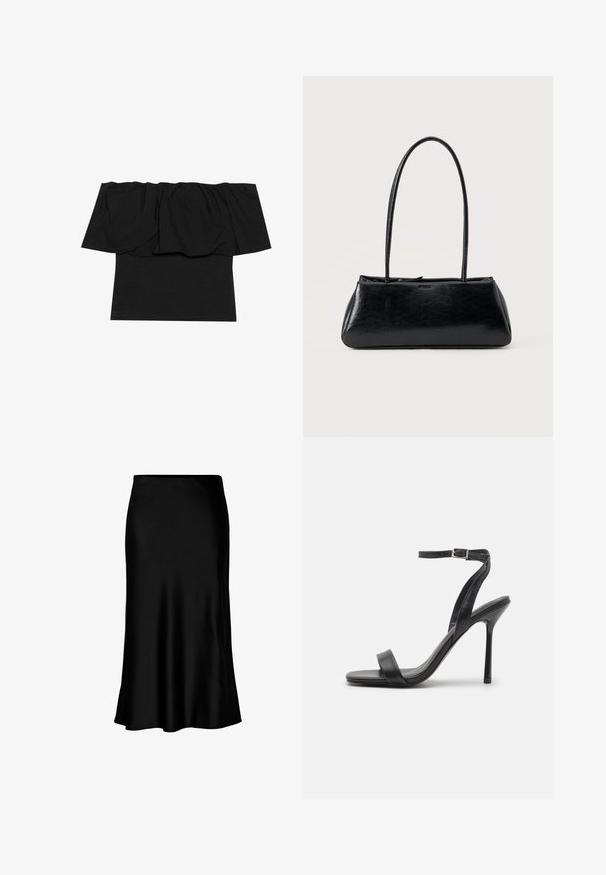 Zwarte off-shoulder top met geplooid materiaal bij de halslijn, een aansluitende pasvorm op het lichaam en korte mouwen. Zachte, soepele stof.; Zwarte satijnen midi-rok met een gladde textuur, een uitlopende zoom en een nauwsluitende tailleband, met een eenvoudig, klassiek ontwerp.; Zwarte hoge hakken sandaal met een slanke enkelband en twee voorste banden. Gemaakt van soepel leer met een slanke puntneus en een stiletteloze hak.; Zwarte rechthoekige schoudertas met lange dunne banden en een gladde, glanzende textuur op een effen achtergrond.