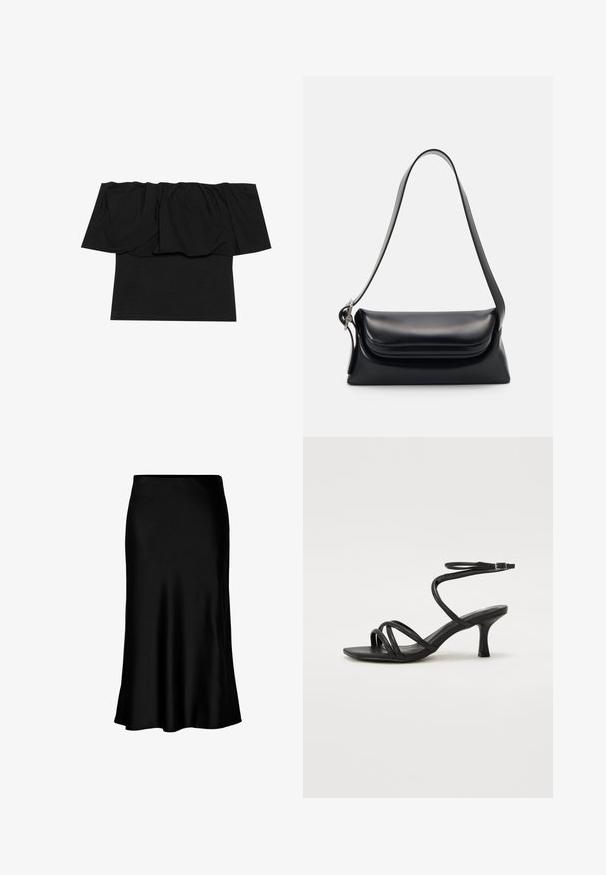 Top negro de tirantes caídos que presenta tela gathered en el escote, una textura ajustada en el cuerpo y mangas cortas. Material suave y liso.; Falda midi de satén negro con una textura suave, dobladillo acampanado y una cinturilla ajustada, que presenta un diseño simple y clásico.; Even&Odd Wide Fit by Zalando Sandalias - black; Bolso de piel negra con una forma estructurada, una textura suave y una sola correa para el hombro. Presenta un diseño de tapa sutil y redondeado.