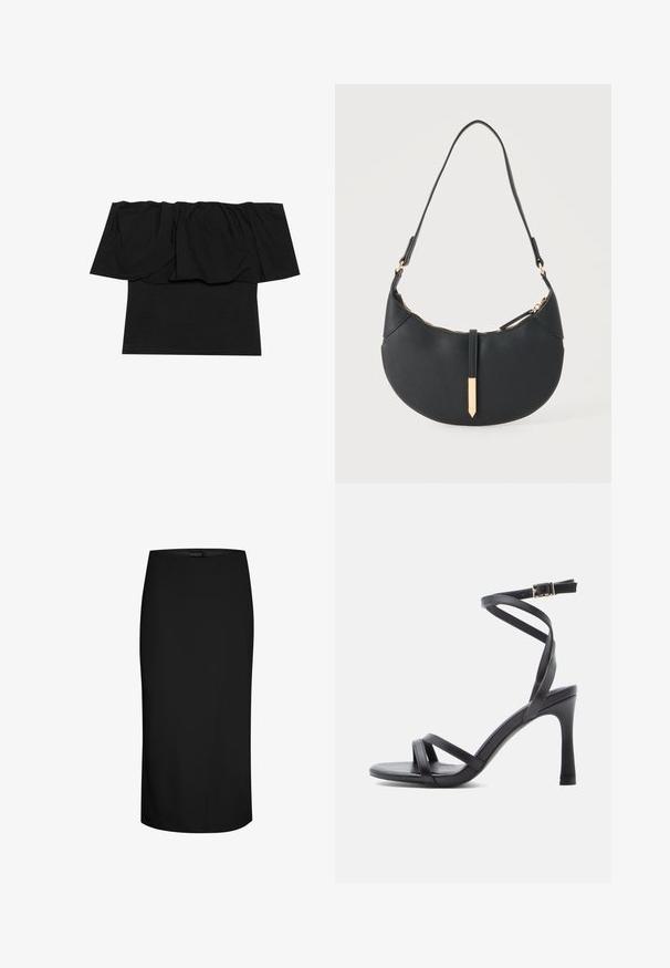 Sort off-shoulder top med foldet stof ved halsudskæringen, en tætsiddende tekstur ved kroppen og korte ærmer. Blødt, glat materiale.; Sort knælængde blyantskørte med tætsiddende pasform og minimale sømdetaljer på hvid baggrund.; Sorte højhælede sandaler med et elegant design, der har to smalle remme hen over tåen og en krydsrem omkring anklen med en spænde.; Sort håndtaske formet som en halvmåne med en enkelt rem, guld lynlås og en guldfarvet rektangulær dekorativ fane foran.