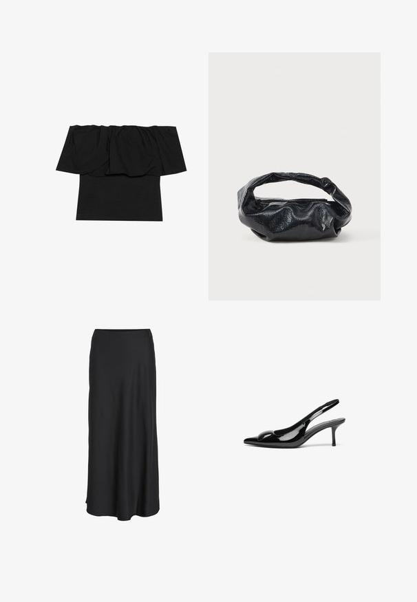 Zwarte off-shoulder top met geplooid materiaal bij de halslijn, een aansluitende pasvorm op het lichaam en korte mouwen. Zachte, soepele stof.; Zwarte maxi rok gemaakt van glad, lichtgewicht stof. Heeft een eenvoudige A-lijn silhouet met een licht uitlopende zoom en geen zichtbare sluitingen.; Zwarte gepatineerde leren slingback hakken met een puntige neus en een glanzende afwerking. Heeft een slanke hak en een ronde accent op de bovenkant.; Zwarte tas van glanzend, textuur materiaal met een ronde, gedraaide handgreep en een ritsluiting. Heeft een zacht, gekreukt ontwerp.